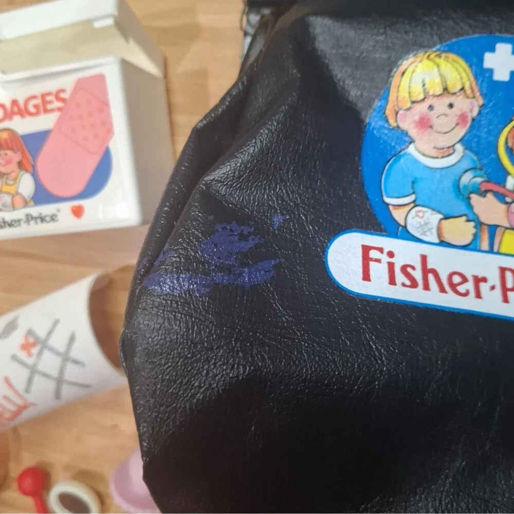 Vintage Fisher Price 1987 Black Medical Kit Bag Supplies Doctor Nurse Kids Toy